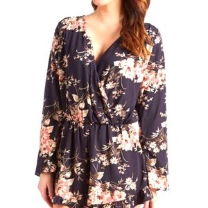 Black, floral, V Neck Honey Punch Romper with ruffles; Size Large; Lightweight